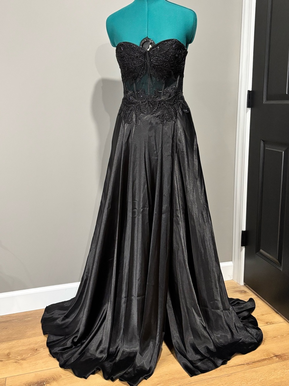 Blondie Nites Strapless Illusion Lace Appliqué Satin A-Line Gown